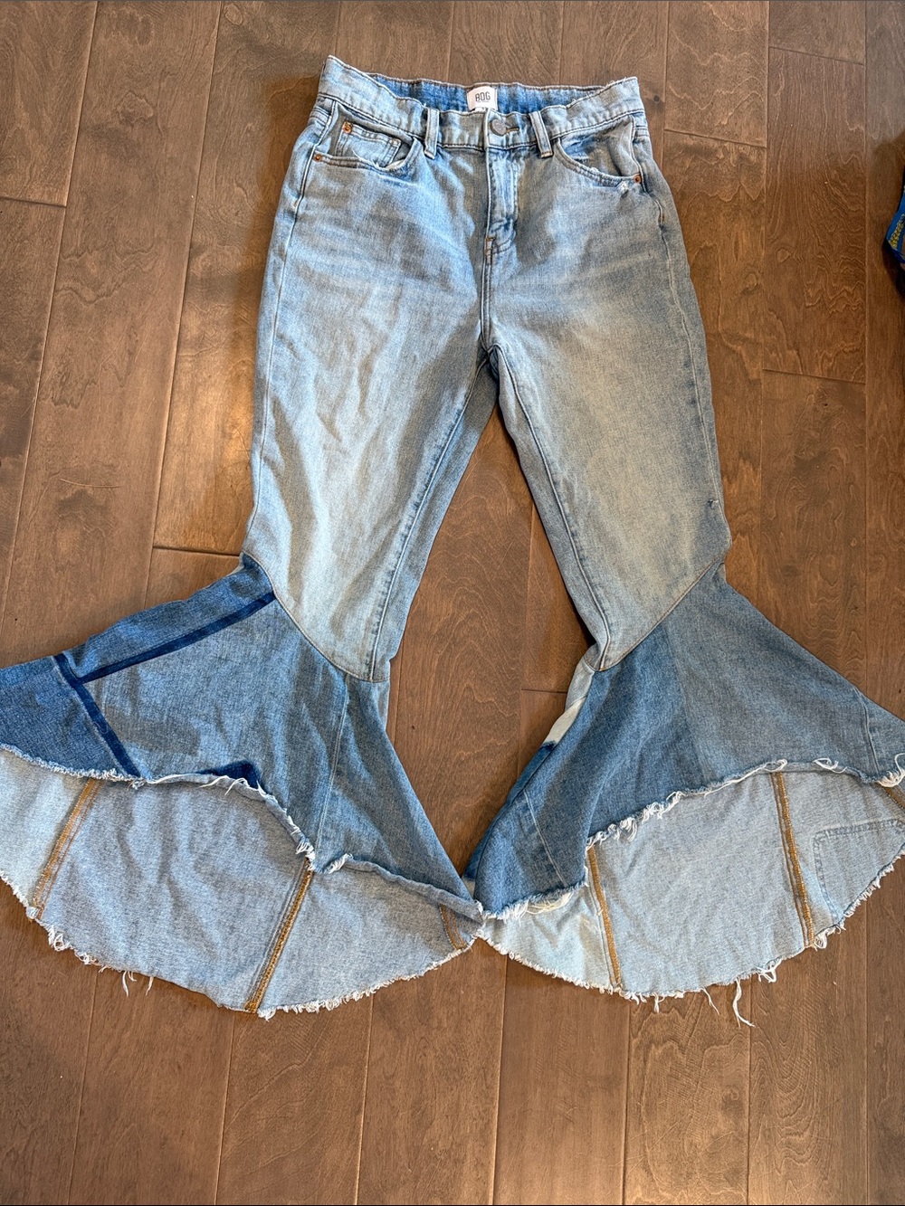 BDG Two-Tone Light & Medium Blue Wide Flare Jeans with Ruffle Hem